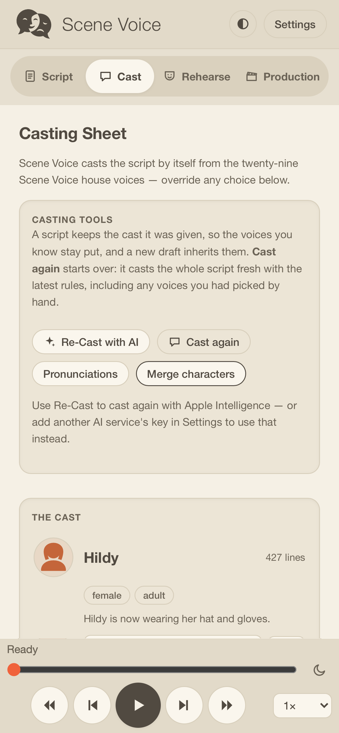The cast panel — every character with their own Scene Voice house voice, changeable per role