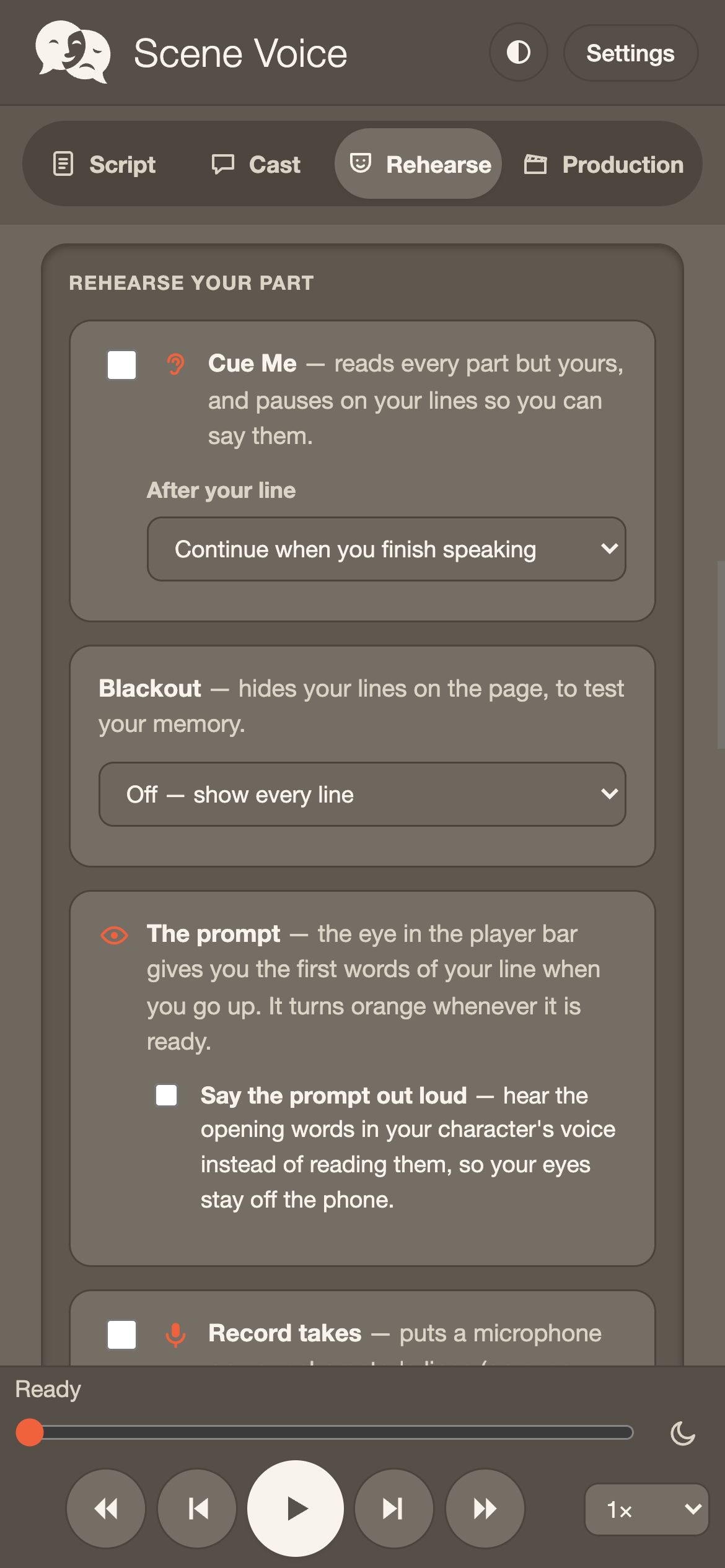 The Rehearse tab in Scene Voice: Cue Me reads every part but yours and pauses on your lines; Blackout hides your lines; the prompt can say your opening words aloud