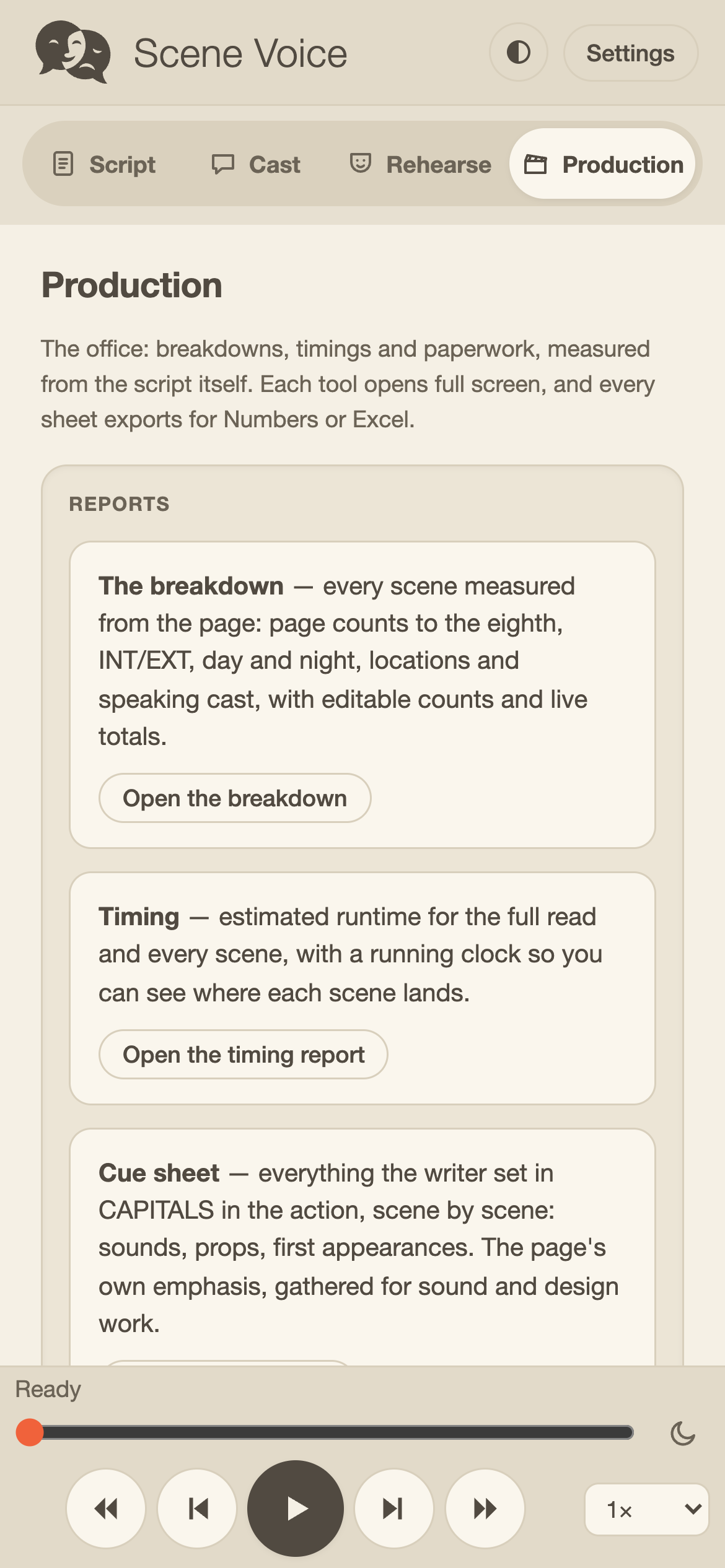 The Production tab — breakdown, timing, cue sheet, cinematography and day out of days, each opening full screen