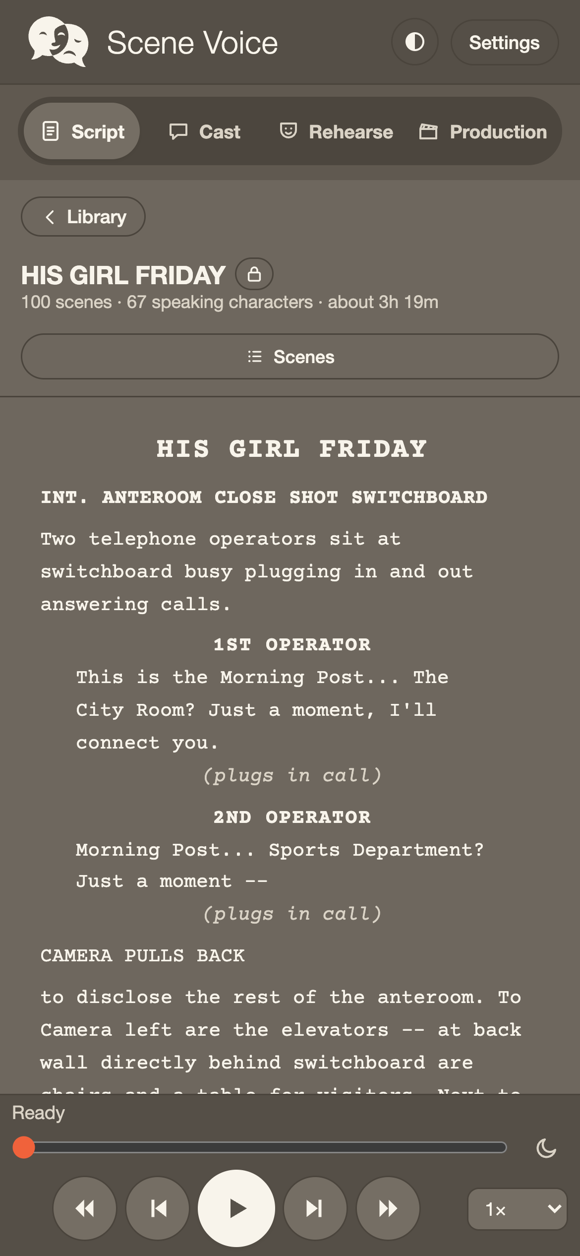 Scene Voice reading a screenplay — the script page with the reading transport below