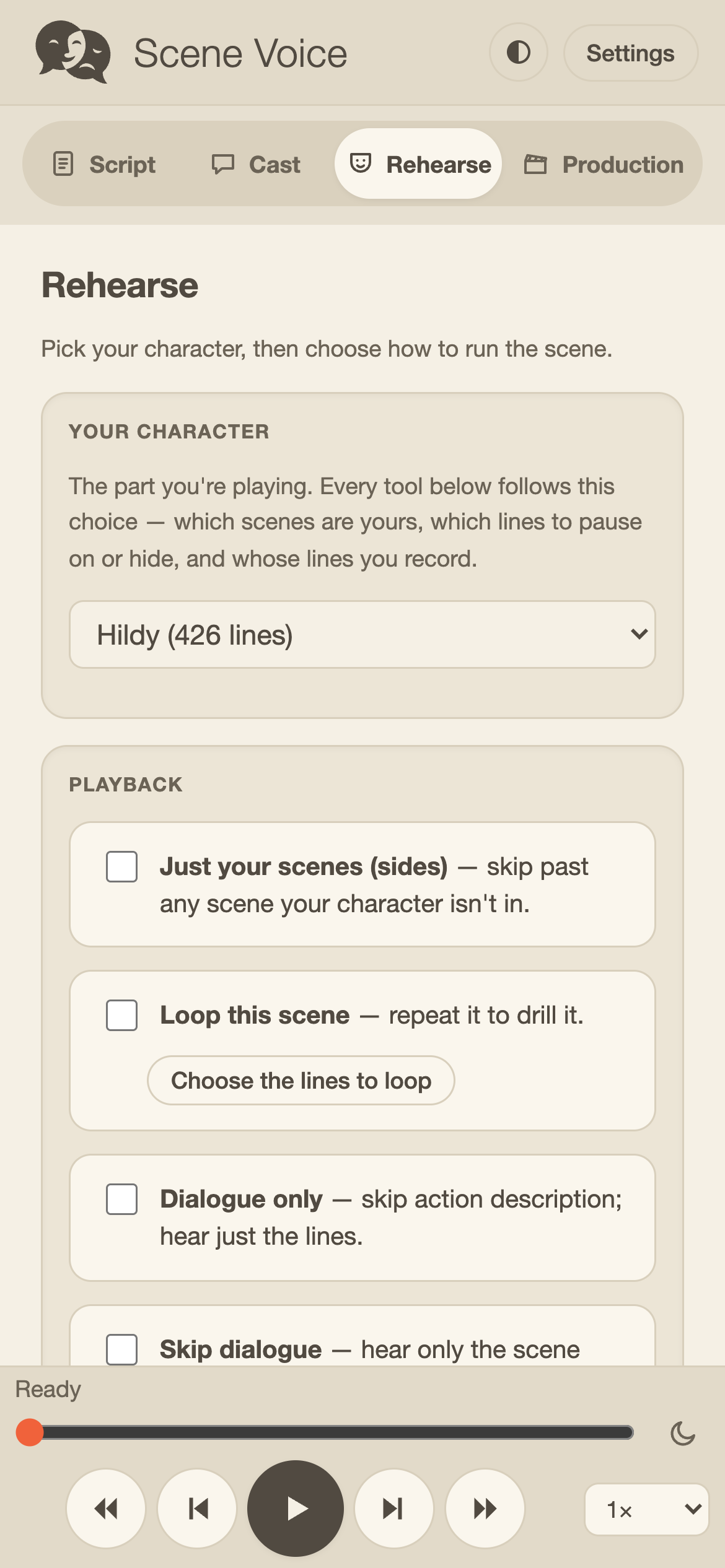 The rehearse tab — self-tape controls: camera, countdown, pauses, dim and teleprompter